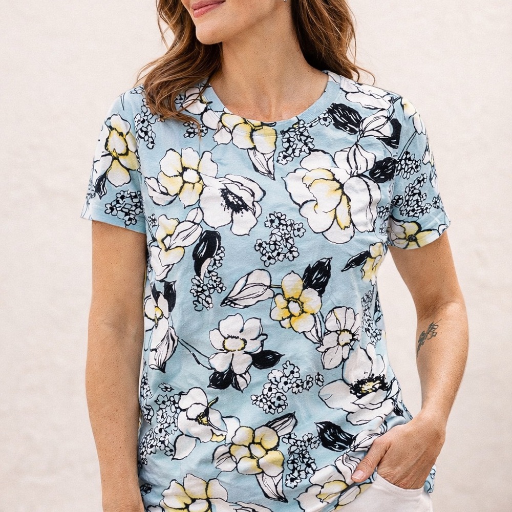 Talbots Blue and Yellow Floral Short Sleeve Top